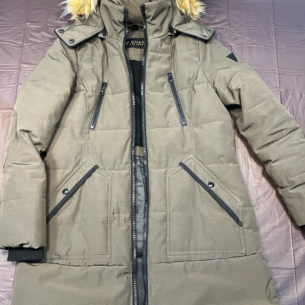 Guess Olive Green Puffer Jacket with Faux Fur Hood